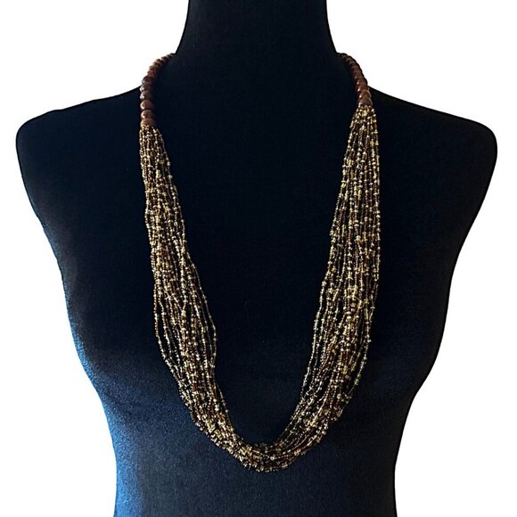 Boho Style Beaded Necklace Chunky Multi Strand Brown Cream - Picture 1 of 5